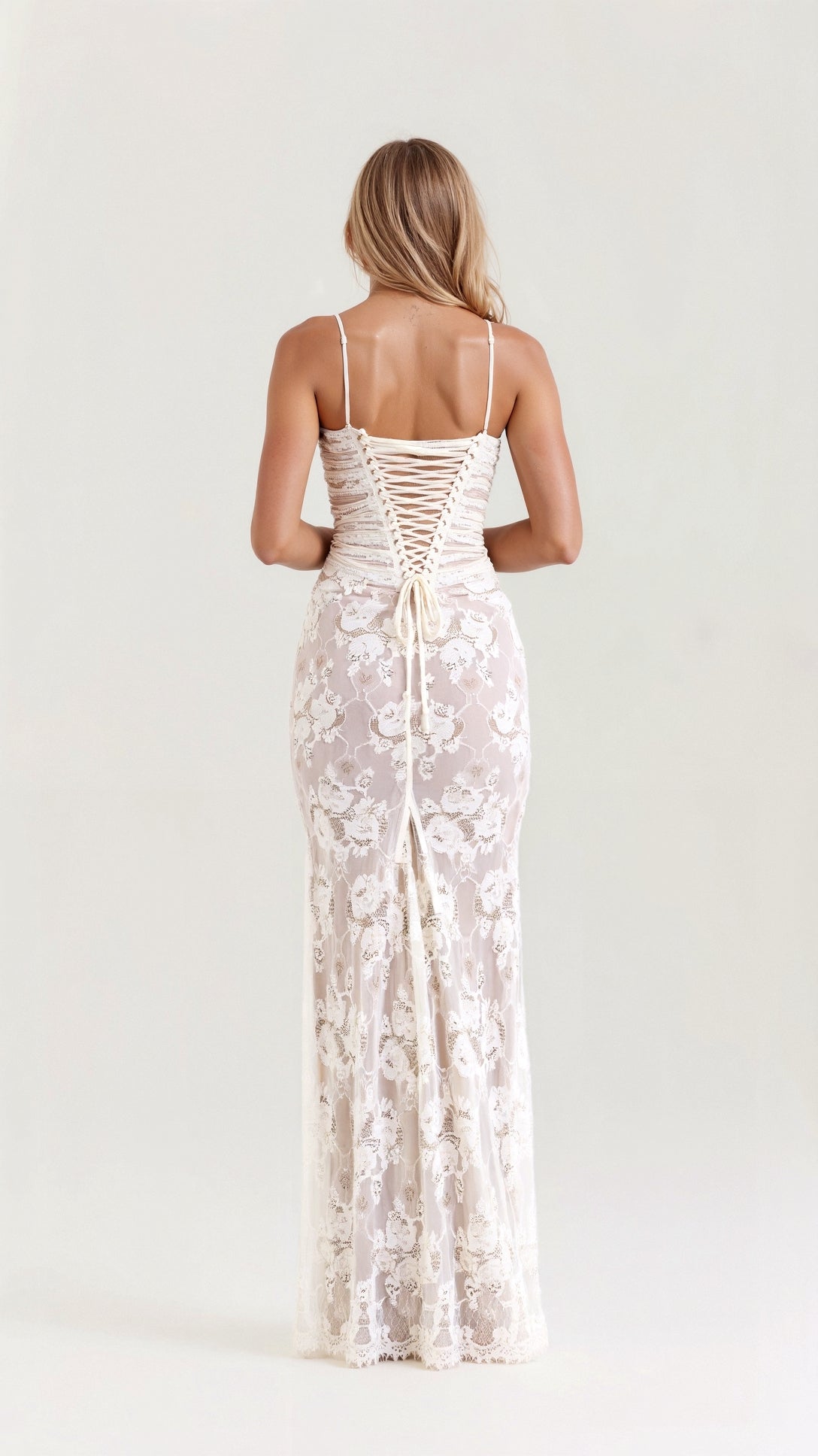Women's Sheer Floral Lace Maxi Dress with Corset-Style Bodice