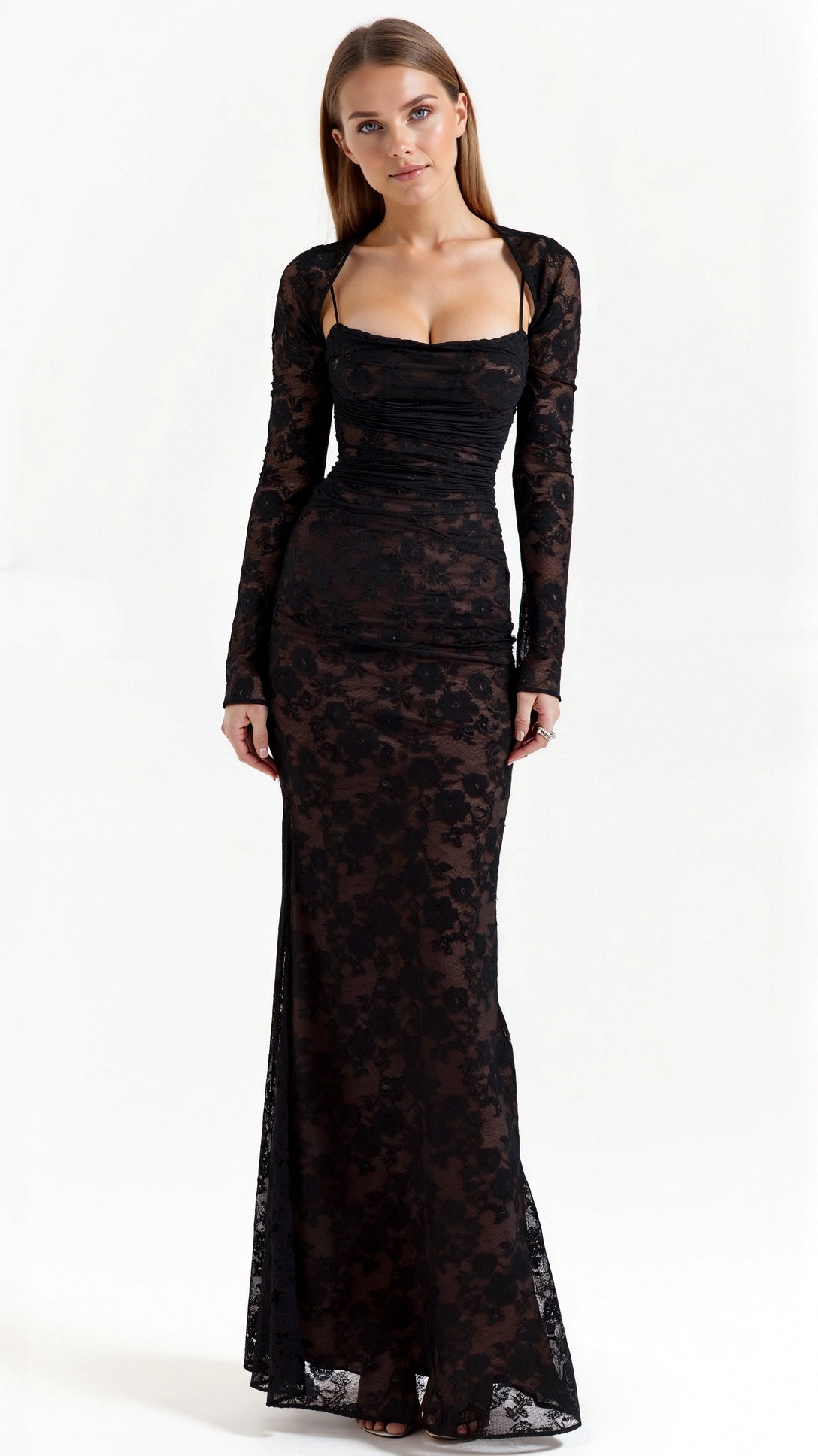 Women's Sheer Floral Lace Maxi Dress with Corset-Style Bodice