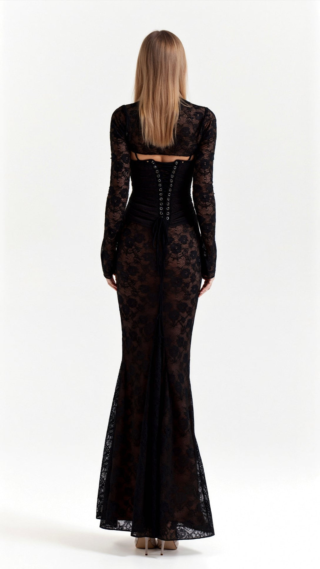 Women's Sheer Floral Lace Maxi Dress with Corset-Style Bodice