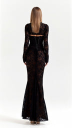 Women's Sheer Floral Lace Maxi Dress with Corset-Style Bodice