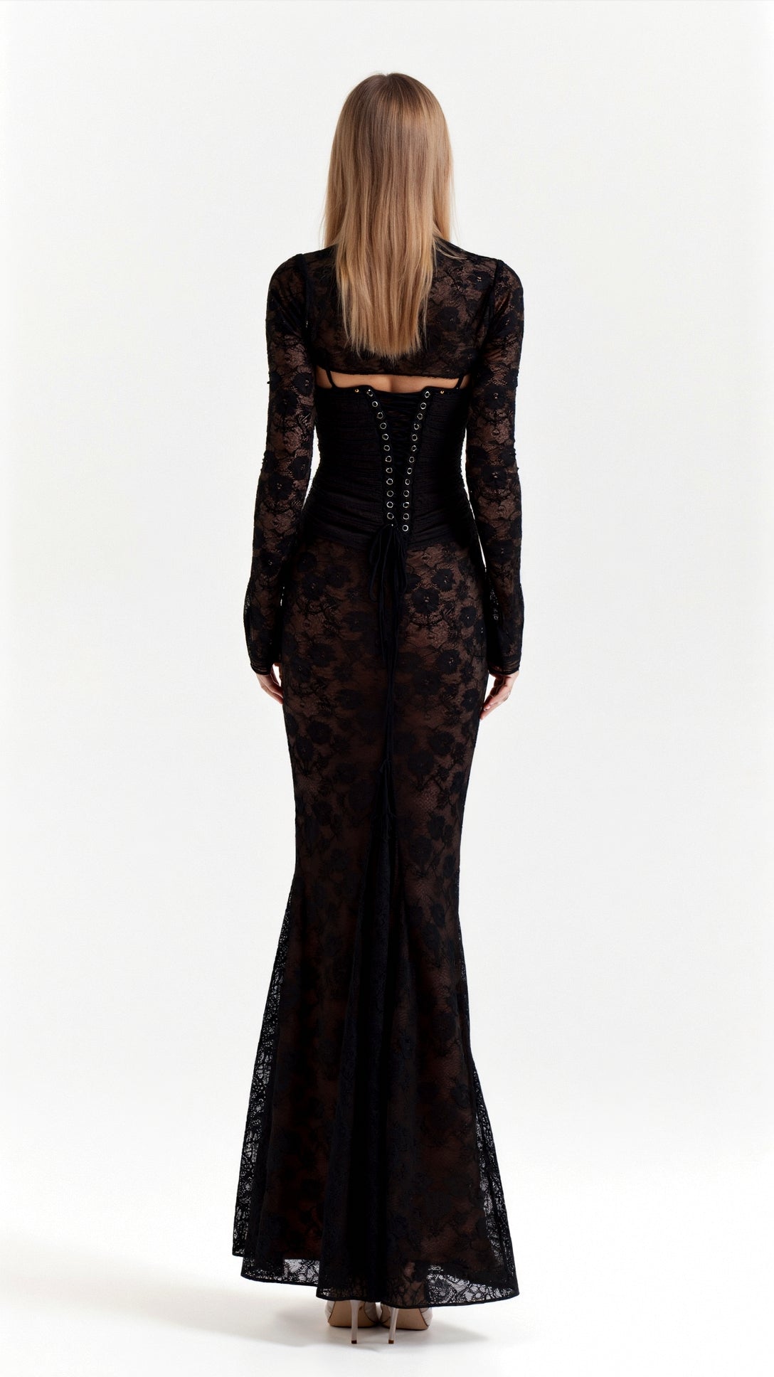 Women's Sheer Floral Lace Maxi Dress with Corset-Style Bodice