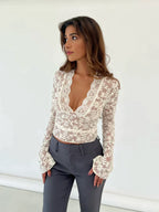 Women's Sheer Floral Lace Top with Scalloped V-Neck