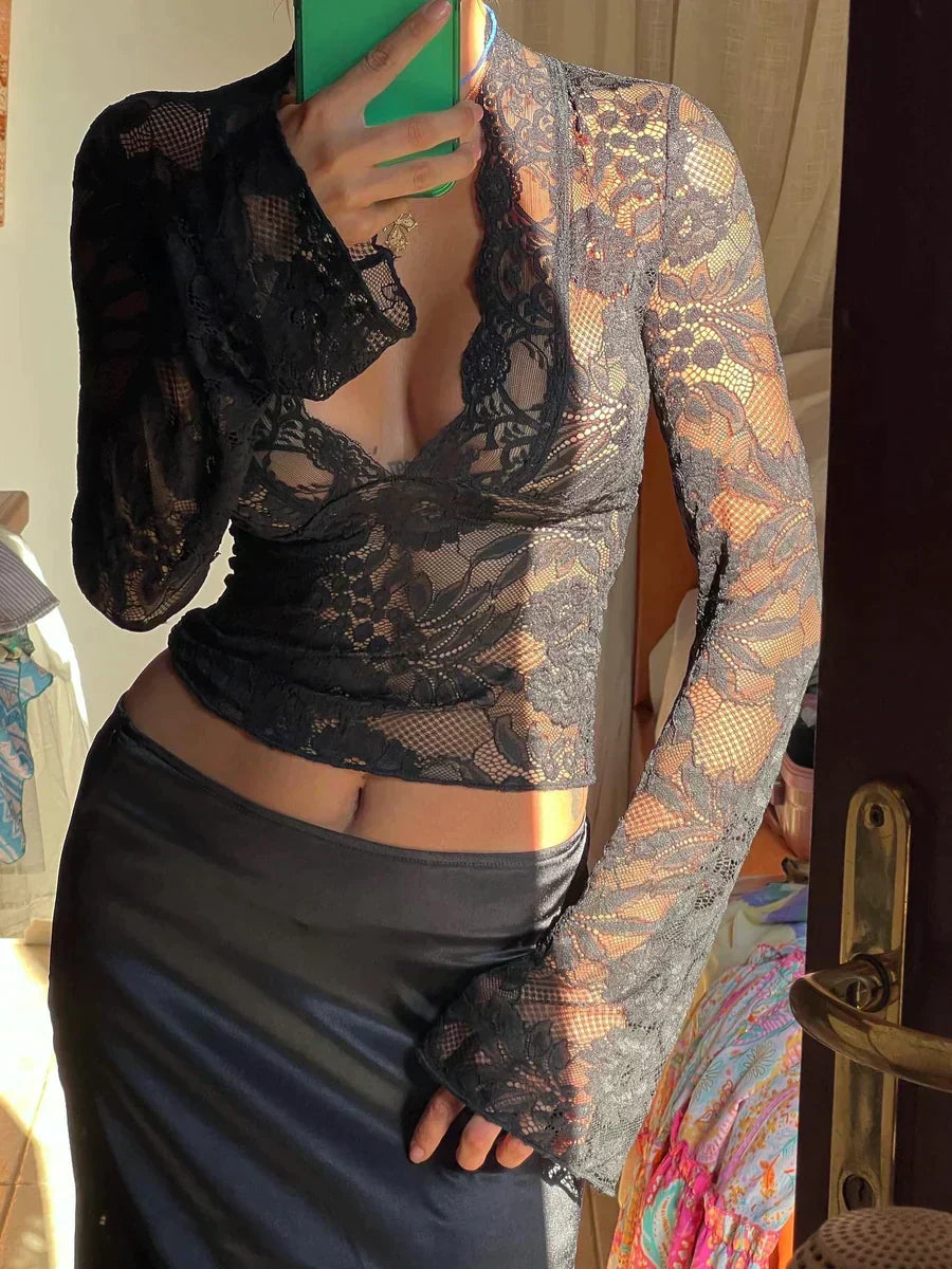 Women's Sheer Floral Lace Top with Scalloped V-Neck