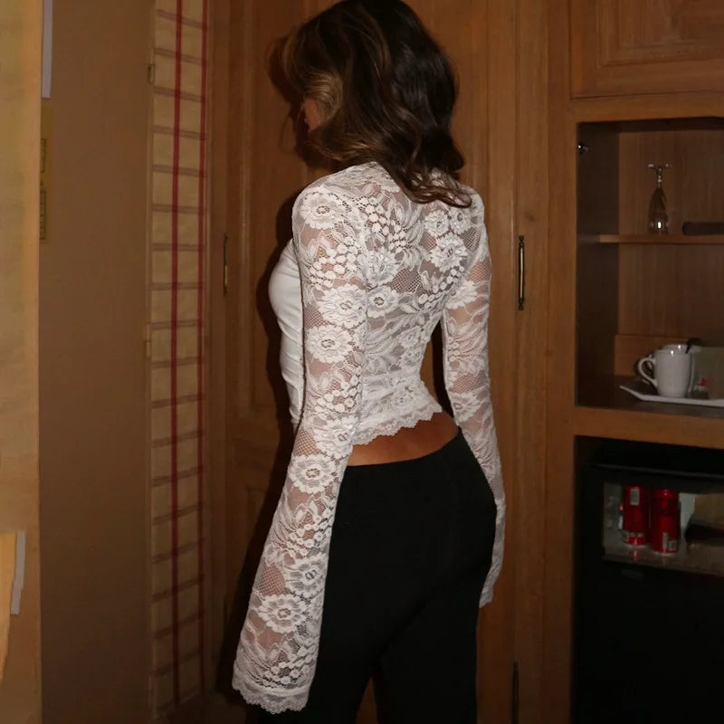 Women's Sheer Lace Top with Long Sleeves and Square Neck