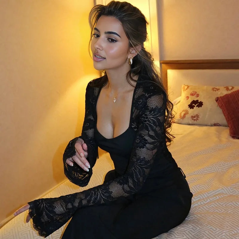 Women's Sheer Lace Top with Long Sleeves and Square Neck