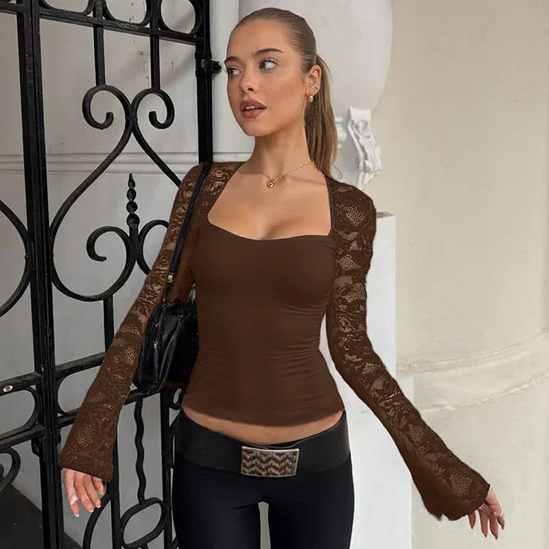 Women's Sheer Lace Top with Long Sleeves and Square Neck