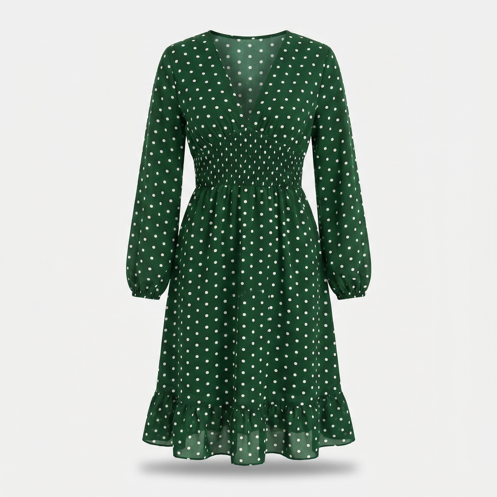 Women's Polka Dot Midi Dress with Shirred Waist