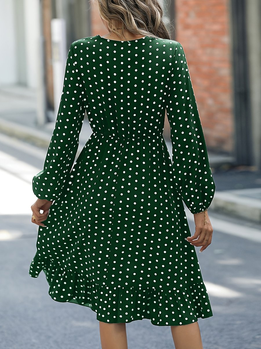 Women's Polka Dot Midi Dress with Shirred Waist
