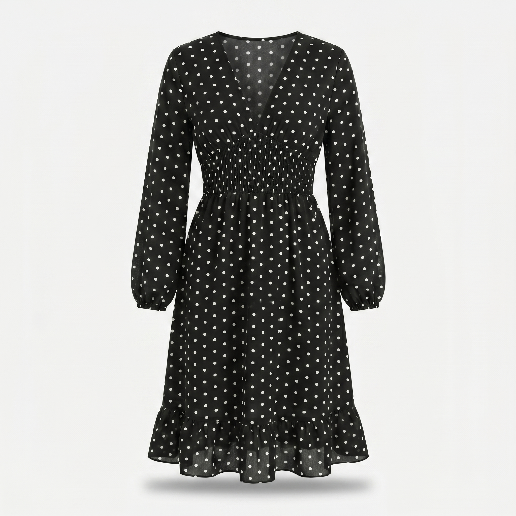 Women's Polka Dot Midi Dress with Shirred Waist