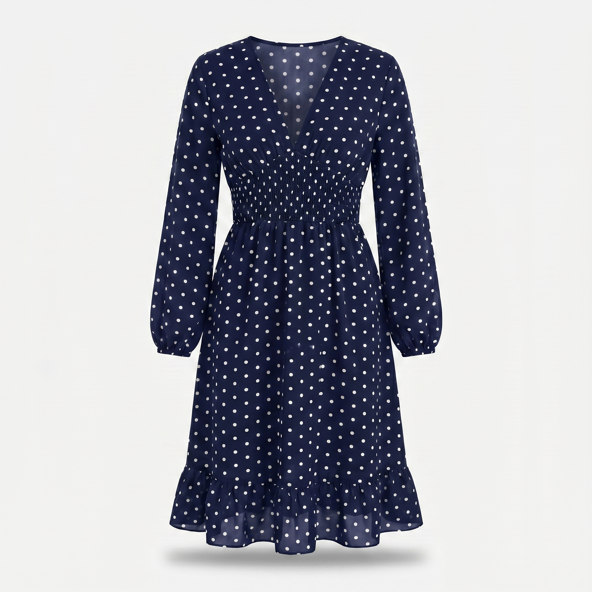 Women's Polka Dot Midi Dress with Shirred Waist
