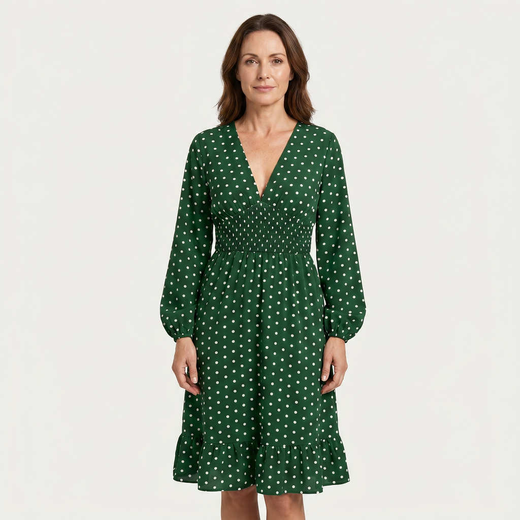 Women's Polka Dot Midi Dress with Shirred Waist