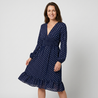 Women's Polka Dot Midi Dress with Shirred Waist