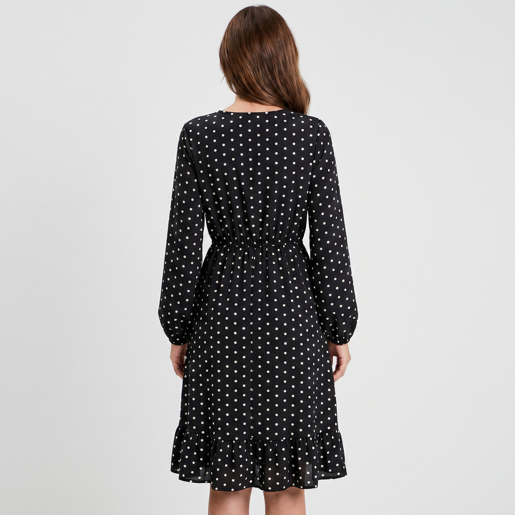 Women's Polka Dot Midi Dress with Shirred Waist