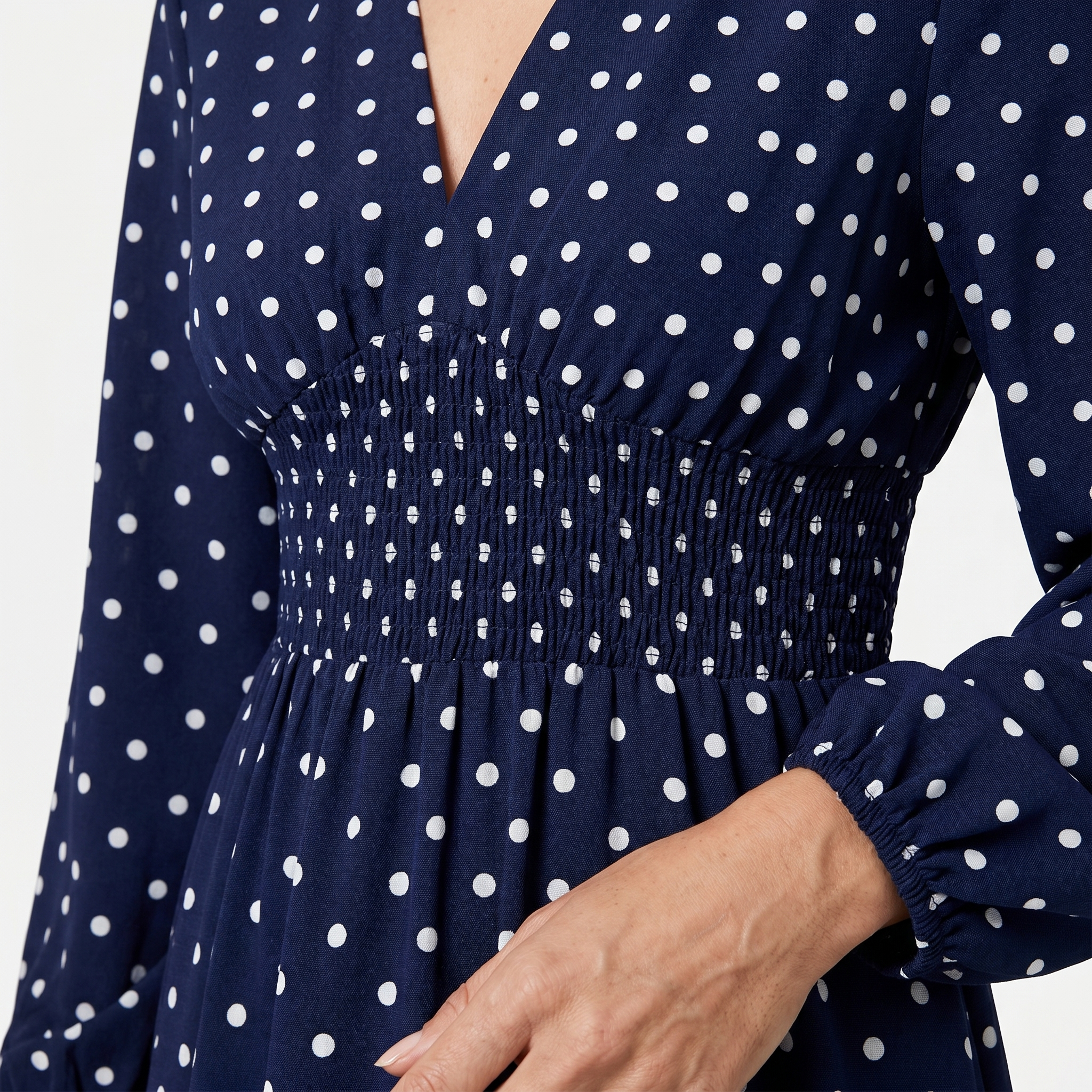 Women's Polka Dot Midi Dress with Shirred Waist