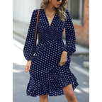 Women's Polka Dot Midi Dress with Shirred Waist