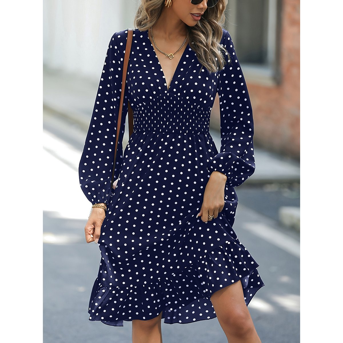 Women's Polka Dot Midi Dress with Shirred Waist