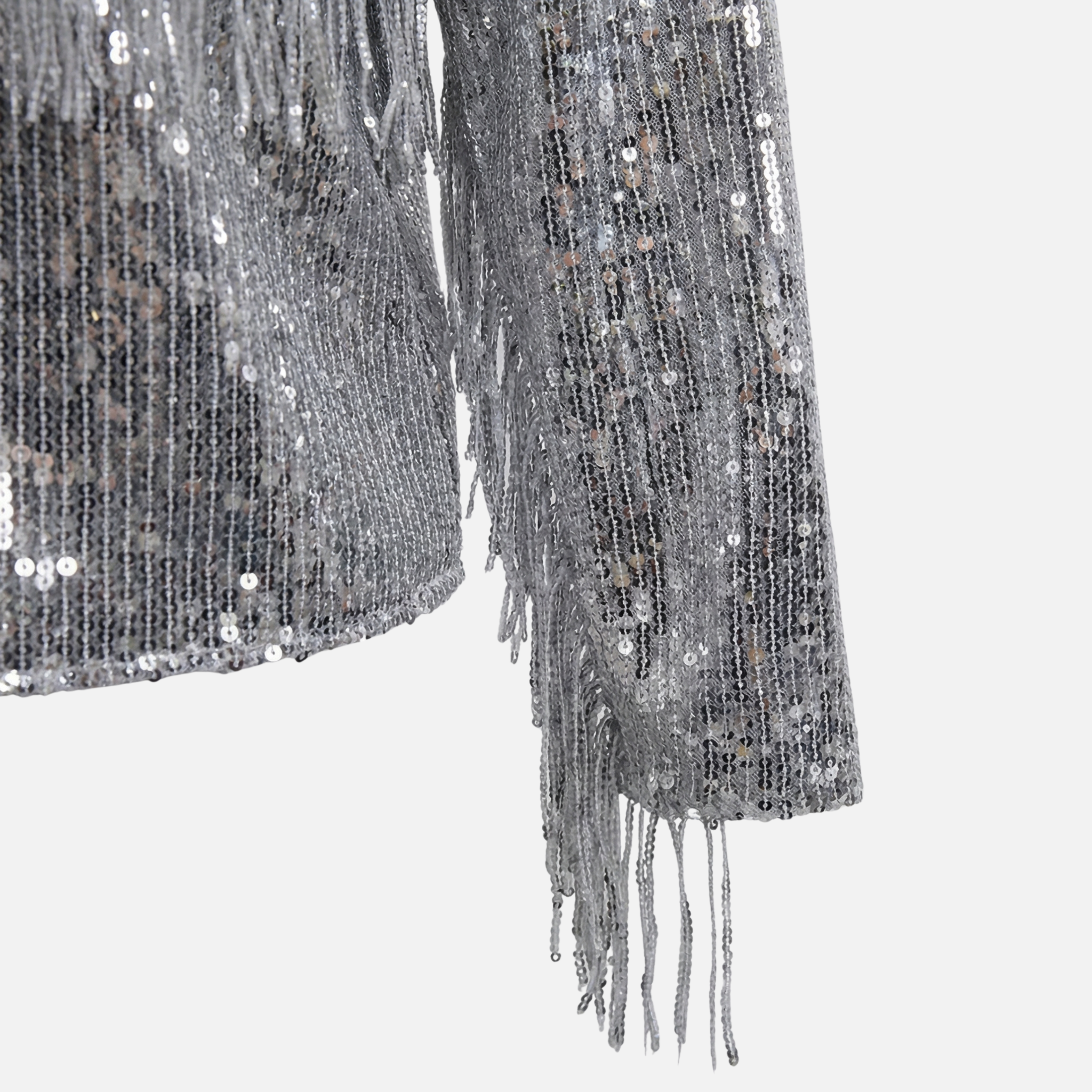 Women's Silver Cropped Sequin Jacket with Fringe Detail