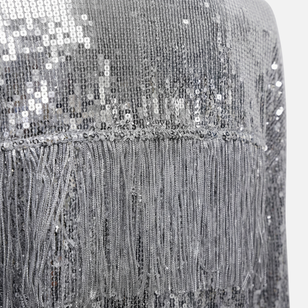 Women's Silver Cropped Sequin Jacket with Fringe Detail