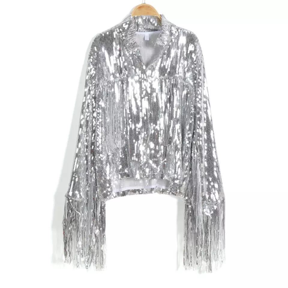 Women's Silver Cropped Sequin Jacket with Fringe Detail