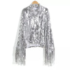 Women's Silver Cropped Sequin Jacket with Fringe Detail