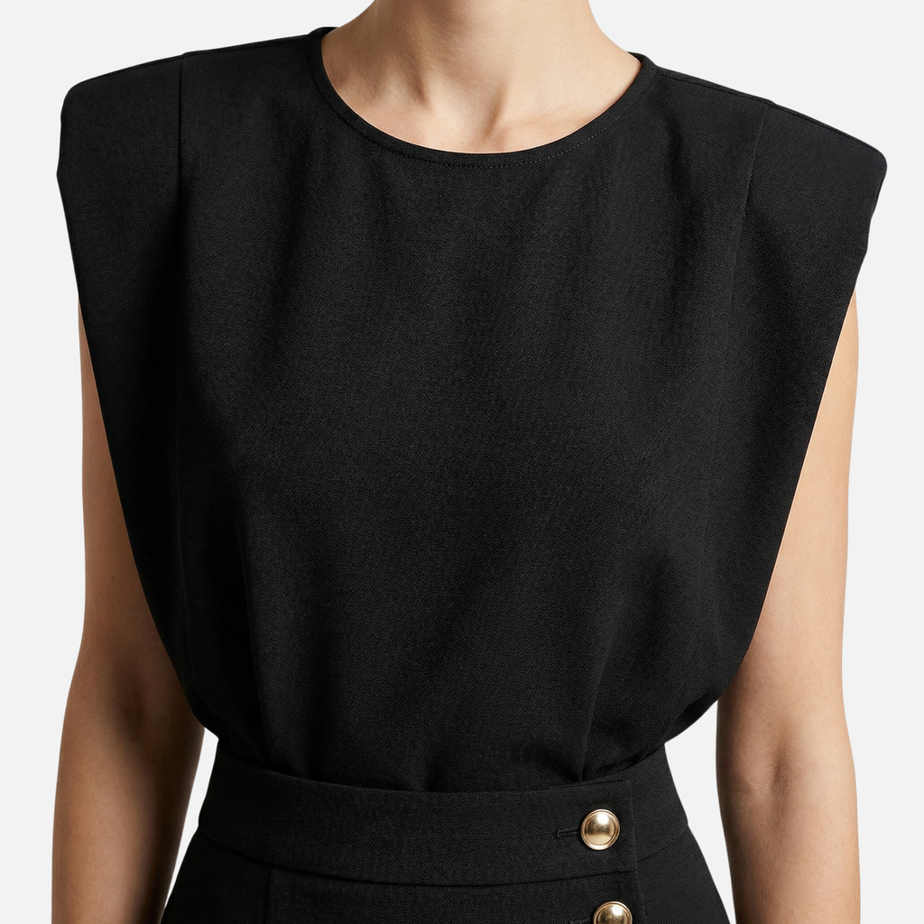 Women's Sleeveless Structured Midi Dress with Side Button Detail