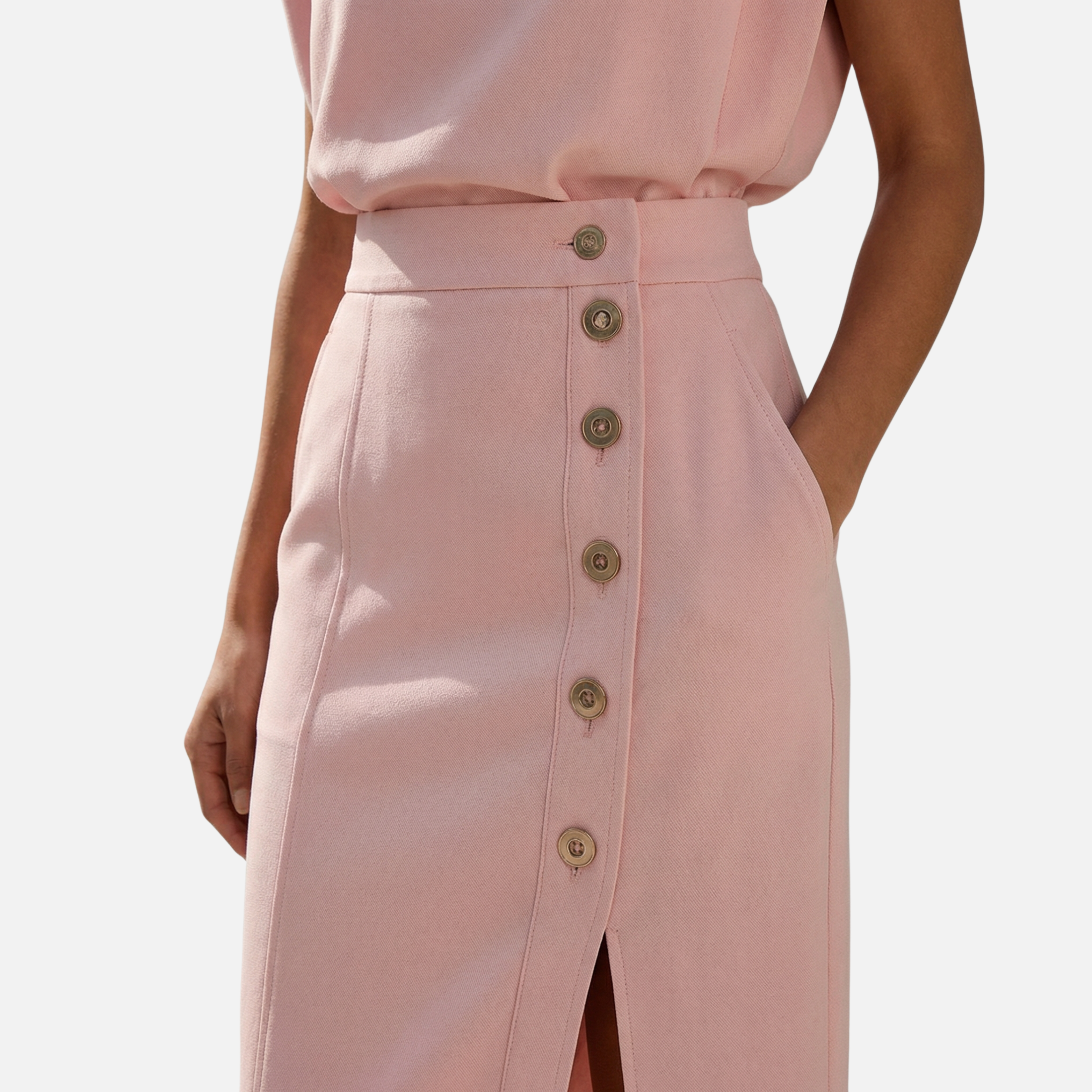 Women's Sleeveless Structured Midi Dress with Side Button Detail