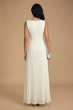 Women's Sleeveless Pleated Maxi Evening Dress with Boat Neckline