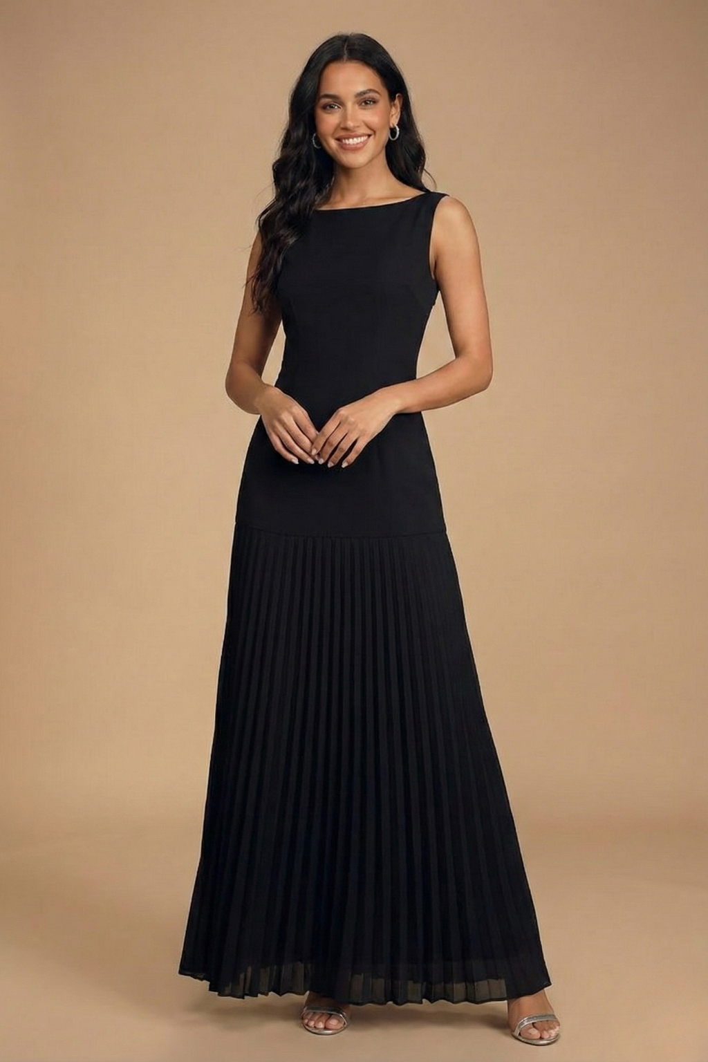 Women's Sleeveless Pleated Maxi Evening Dress with Boat Neckline