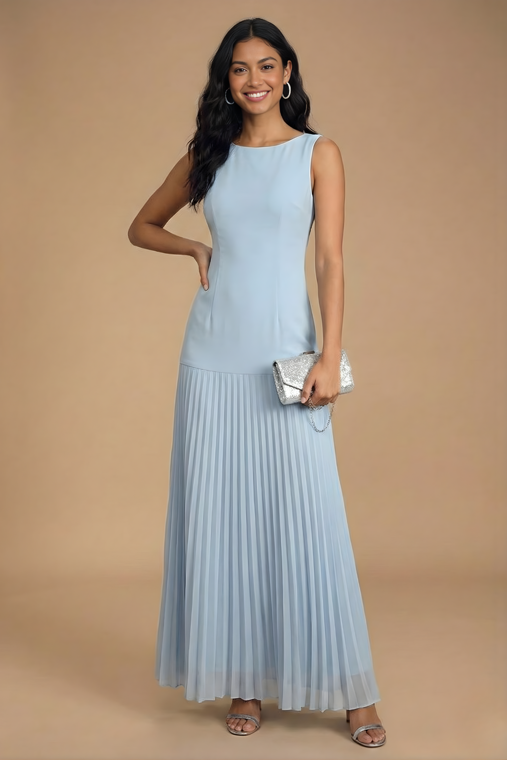 Women's Sleeveless Pleated Maxi Evening Dress with Boat Neckline