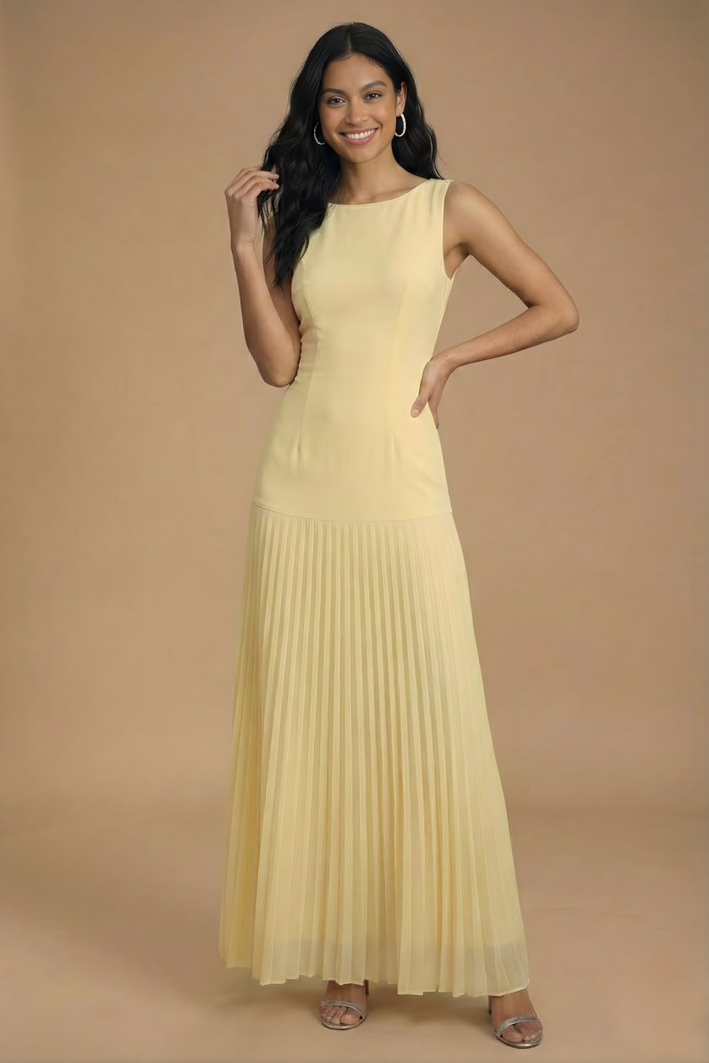 Women's Sleeveless Pleated Maxi Evening Dress with Boat Neckline