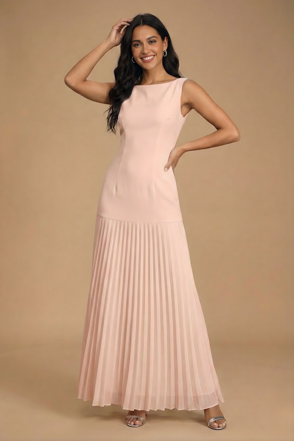 Women's Sleeveless Pleated Maxi Evening Dress with Boat Neckline