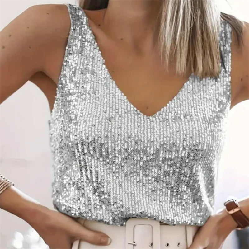 Women's Sleeveless Sequin Top with V-Neck