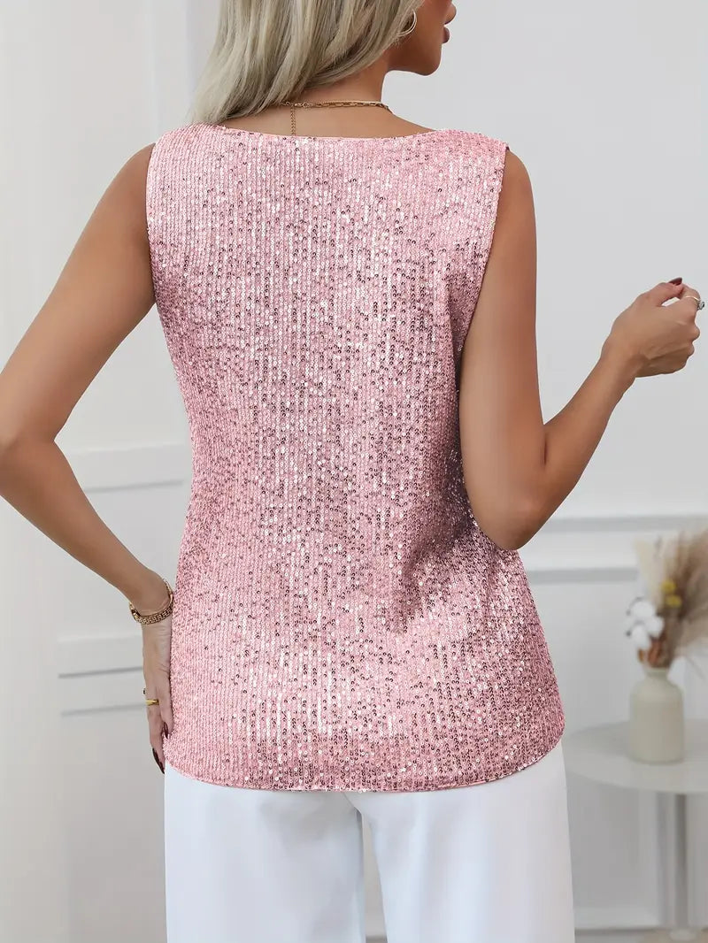 Women's Sleeveless Sequin Top with V-Neck