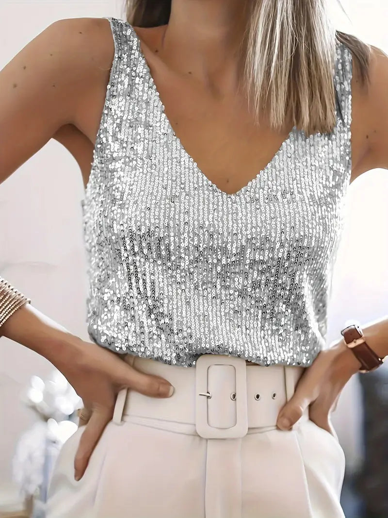Women's Sleeveless Sequin Top with V-Neck