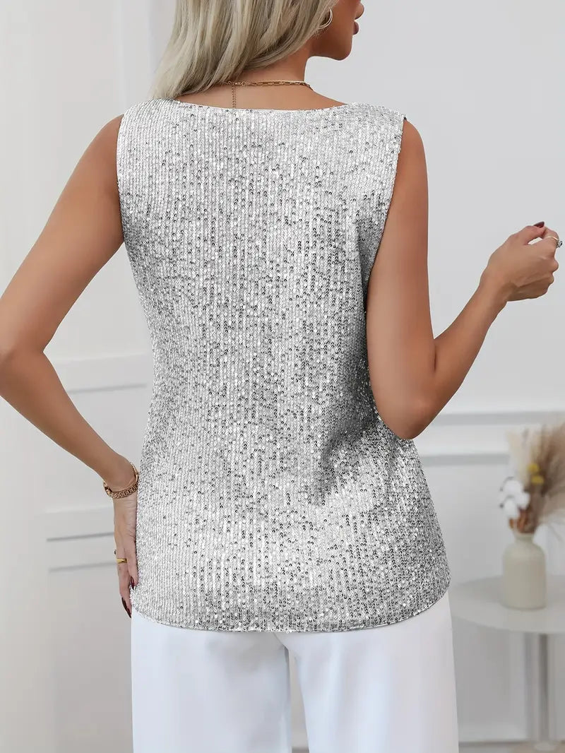 Women's Sleeveless Sequin Top with V-Neck