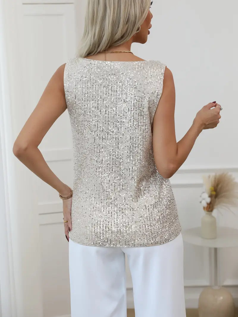 Women's Sleeveless Sequin Top with V-Neck