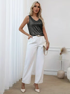 Women's Sleeveless Sequin Top with V-Neck