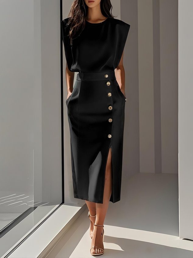 Women's Sleeveless Structured Midi Dress with Side Button Detail