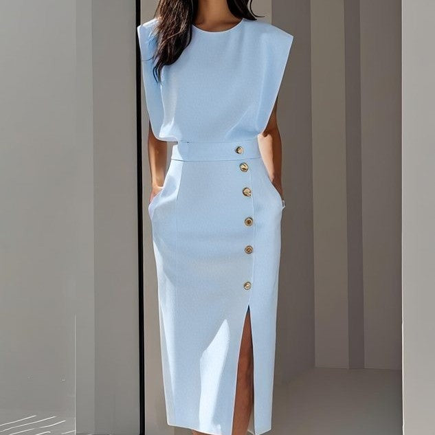 Women's Sleeveless Structured Midi Dress with Side Button Detail