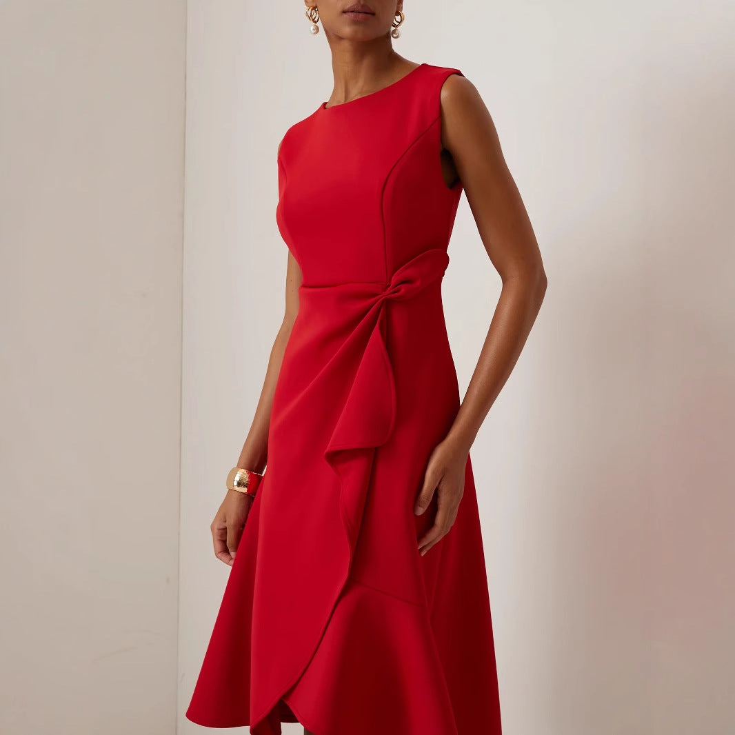 Women's Fit-and-Flare Midi Dress with Bow Waist Detail
