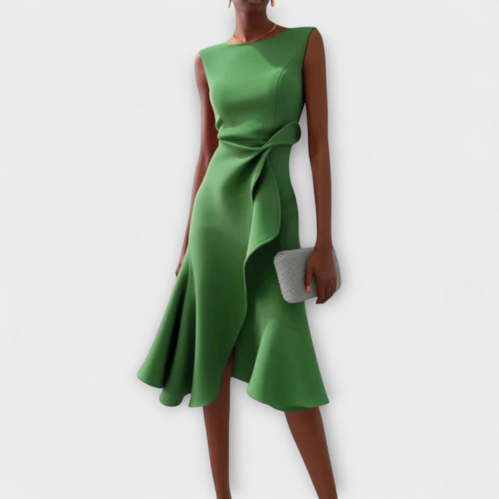 Women's Fit-and-Flare Midi Dress with Bow Waist Detail