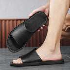 Men's Leather-Look Open-Toe Slide Sandal with Contrast Stitching
