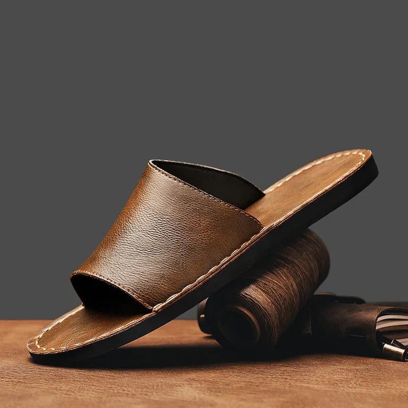 Men's Leather-Look Open-Toe Slide Sandal with Contrast Stitching