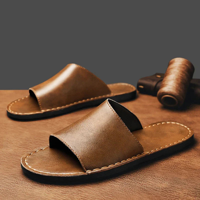 Men's Leather-Look Open-Toe Slide Sandal with Contrast Stitching