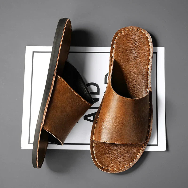 Men's Leather-Look Open-Toe Slide Sandal with Contrast Stitching