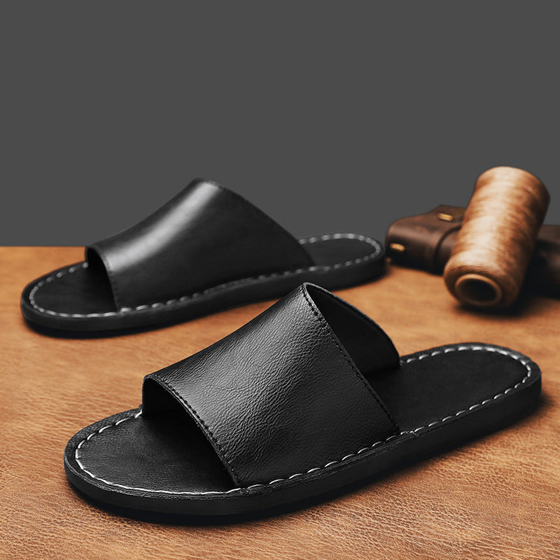 Men's Leather-Look Open-Toe Slide Sandal with Contrast Stitching