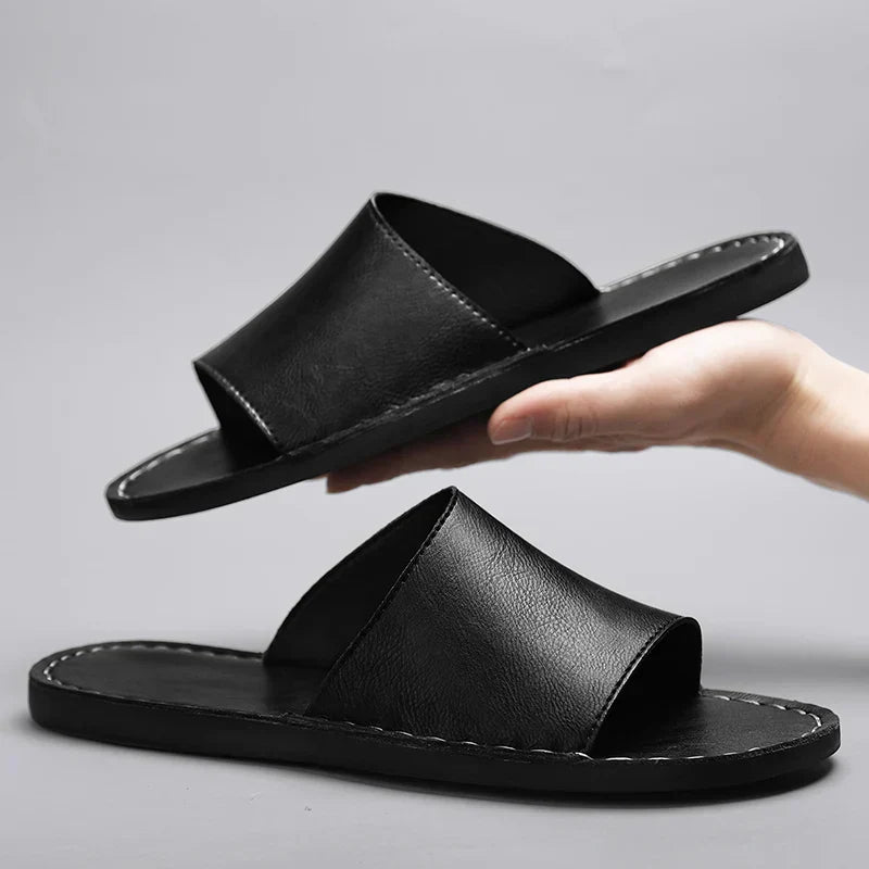 Men's Leather-Look Open-Toe Slide Sandal with Contrast Stitching