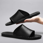 Men's Leather-Look Open-Toe Slide Sandal with Contrast Stitching