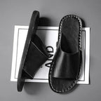 Men's Leather-Look Open-Toe Slide Sandal with Contrast Stitching