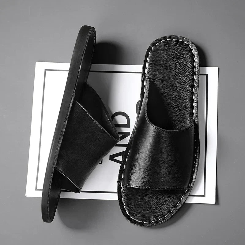 Men's Leather-Look Open-Toe Slide Sandal with Contrast Stitching